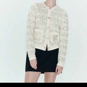 Zara Heavily Beaded Knit Cardigan Cream Women's Jacket Size : Medium